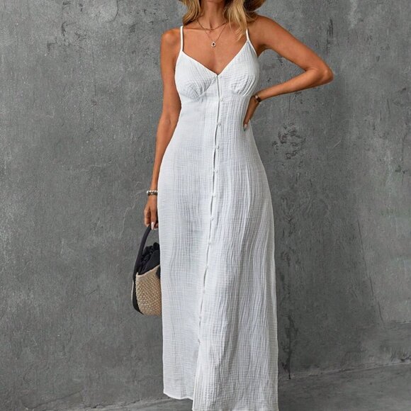 White Casual Women's Vacation Style Cotton Skin-Friendly Beach Dress - Picture 3 of 4